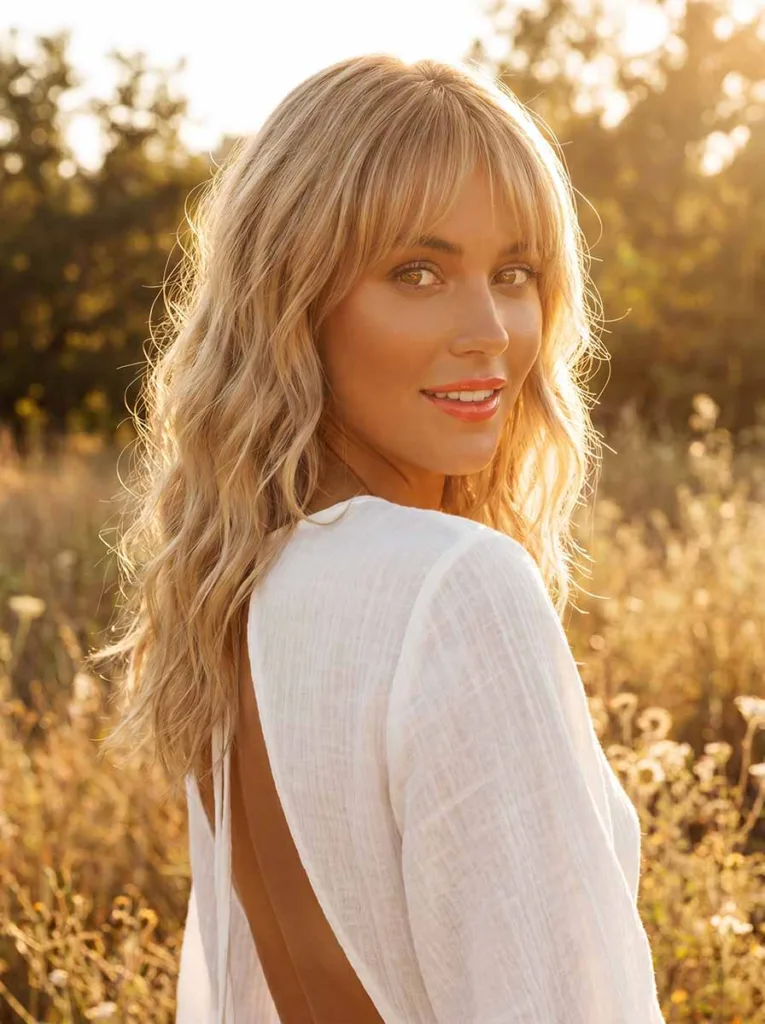 Gorgeous blonde model looking back over shoulder with baby bangs and stunning beach waves, glowing golden skin, outdoor golden-hour editorial