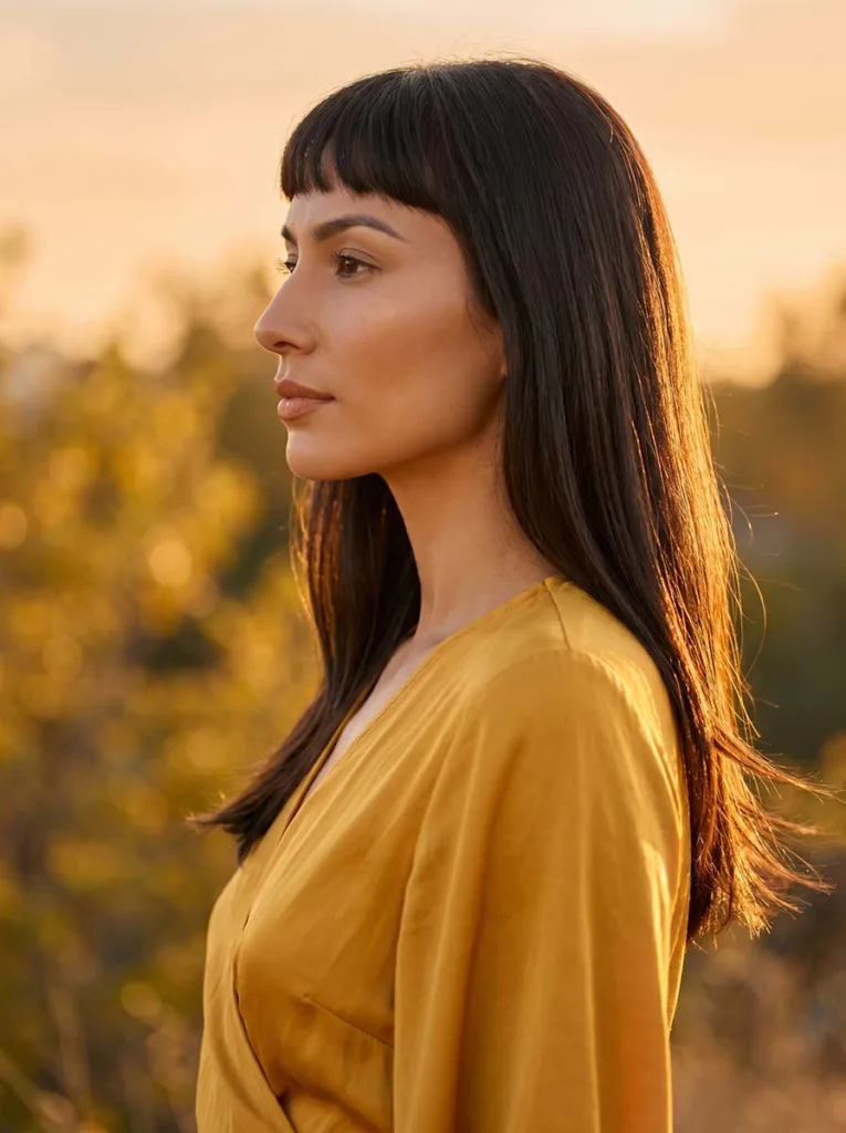 Gorgeous model with baby bangs and long silky dark hair, flawless golden skin, side profile in warm outdoor golden-hour light