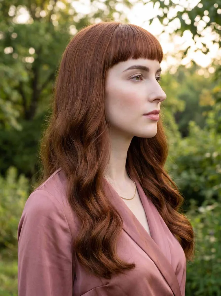 Beautiful model with baby bangs and long gorgeous auburn waves, elegant side profile in soft green outdoor light