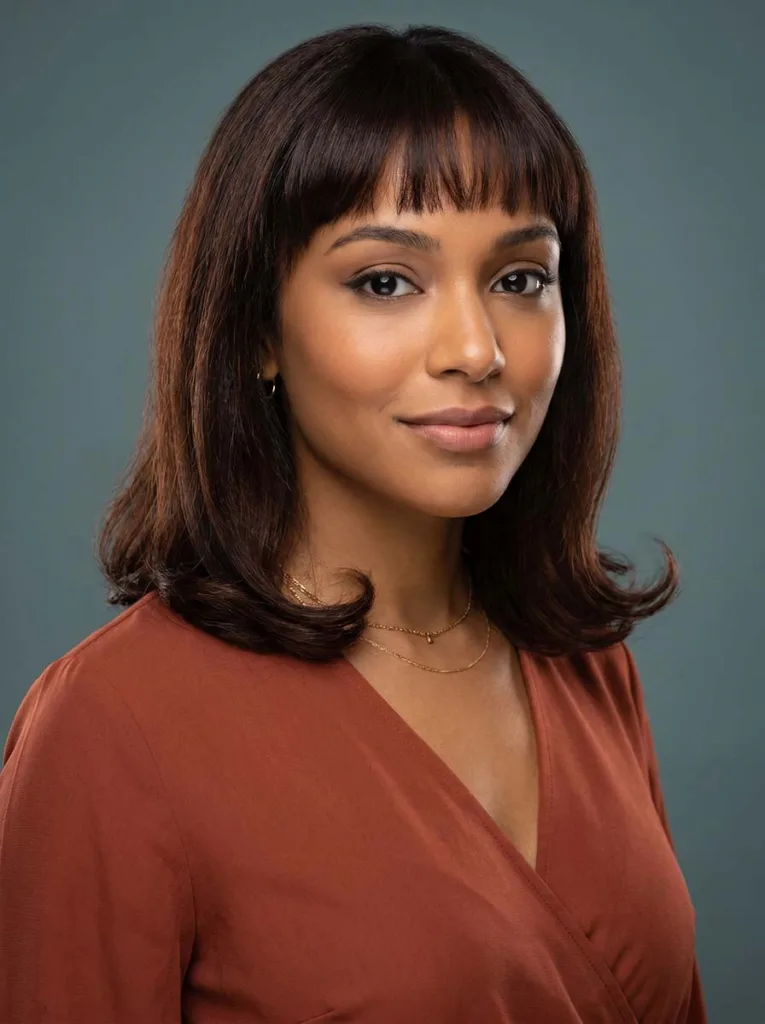 Gorgeous model with baby bangs and chestnut lob, warm brown glowing skin, terracotta blouse, three-quarter studio portrait