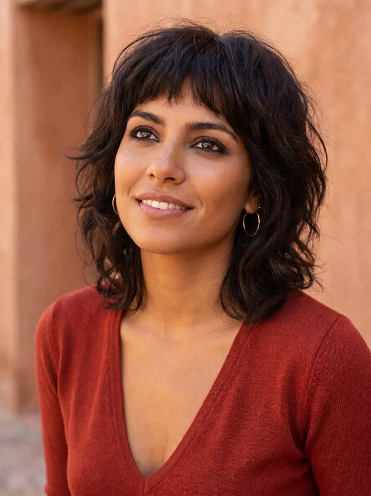 Beautiful model with a textured brunette shag and choppy baby bangs, warm olive skin, overhead editorial portrait against terracotta wall