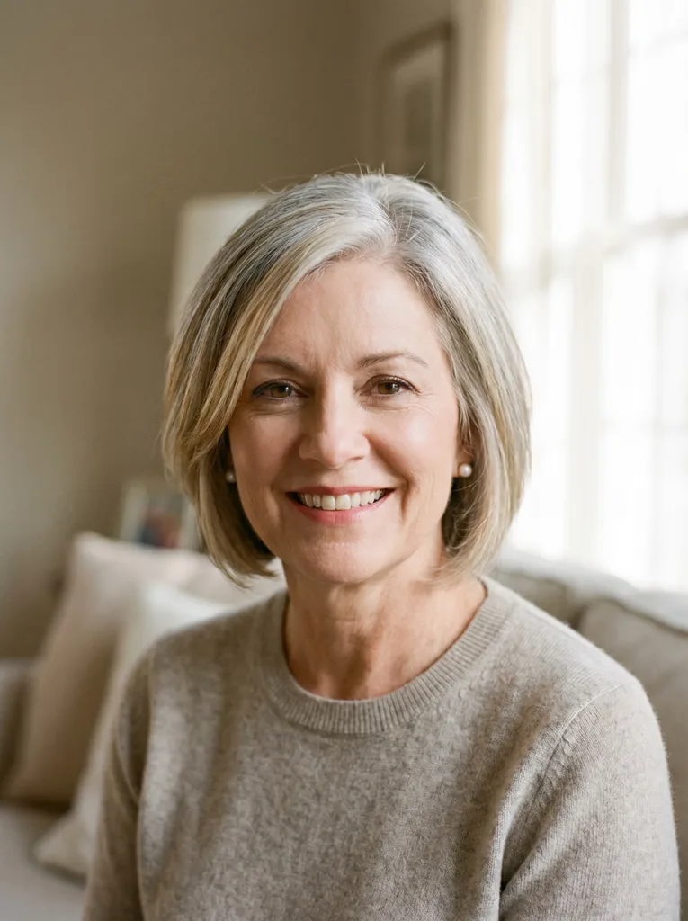 Woman over 50 with elegant soft bixie haircut and warm highlight balayage — bixie for mature women