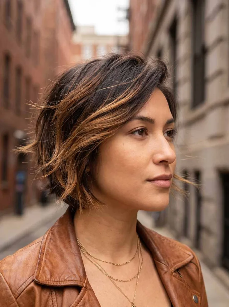 Woman with bixie haircut and caramel balayage color showing natural light-catching dimension — bixie with balayage