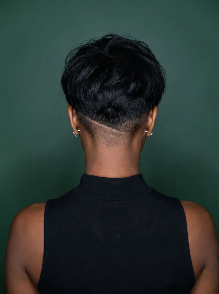Woman with bixie haircut and shaved undercut showing contrast between short nape and longer top layers — bixie with undercut