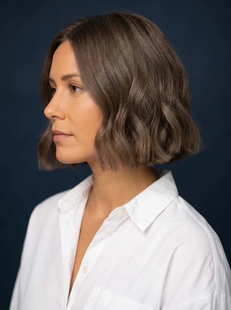 Woman with a blunt short wavy bob, clean straight-across ends with soft waves through the body