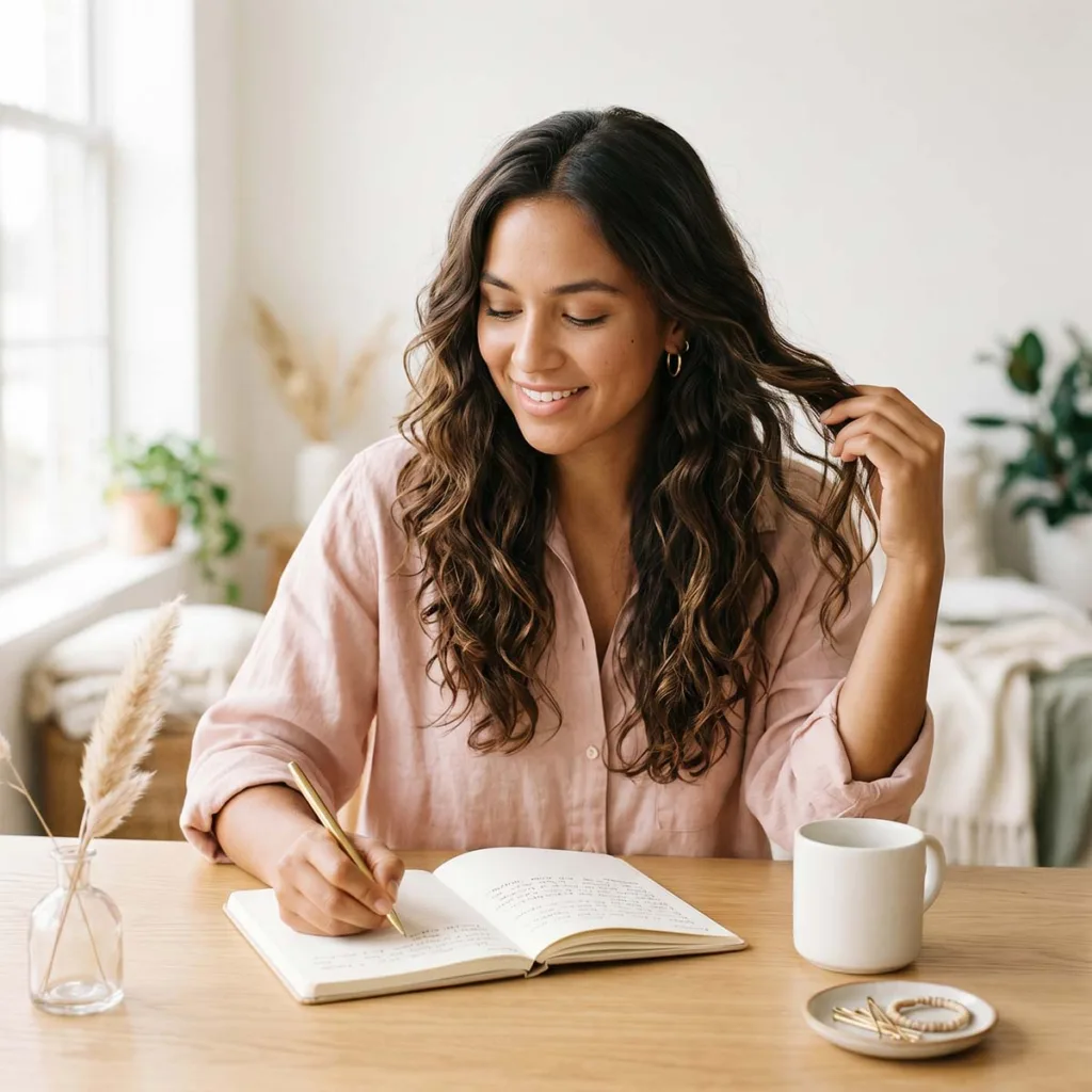 Blush HairFlow Contact Us Woman Writing Hairstyle Notes at Desk