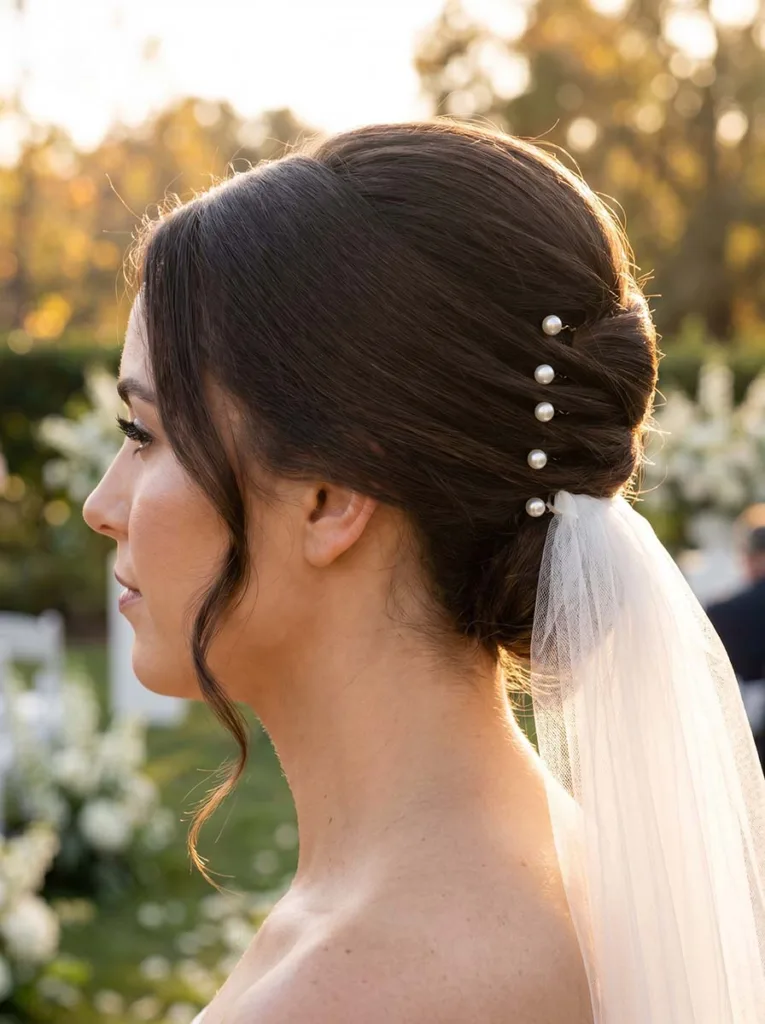 Elegant Twist Hairstyles: 10 Ideas for Every Occasion 7 Bride with elegant French twist updo and veil tucked into the roll secured with pearl pins wedding twist hairstyle