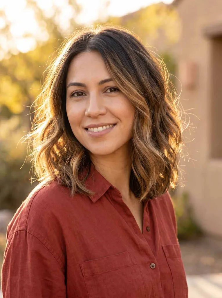 Woman with a caramel balayage wavy lob, warm golden highlights catching sunlight through the waves