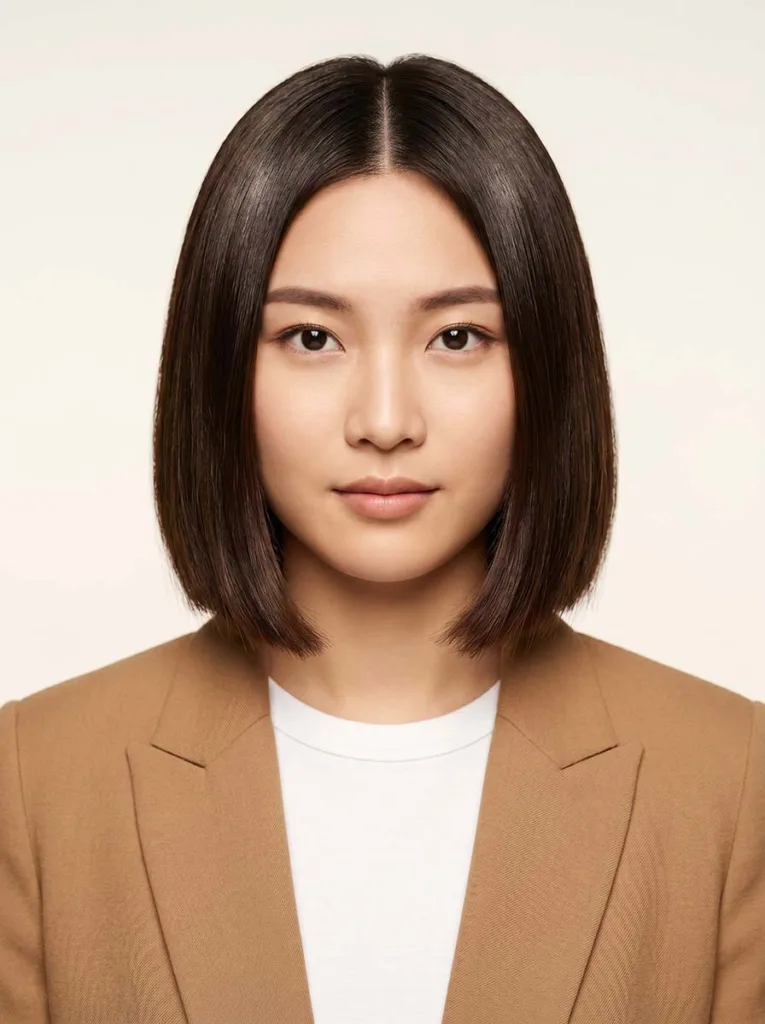 center-part chin-length glass hair bob on East Asian woman, dark brown hair, camel blazer, white studio background
