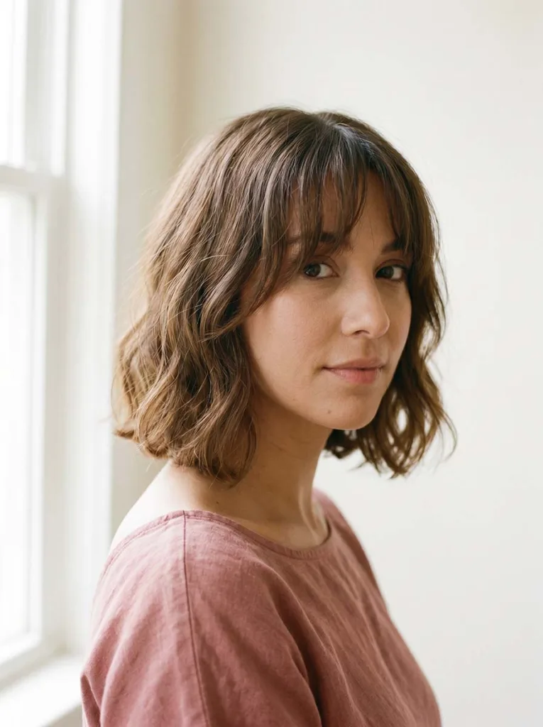 Woman with a chin-length wavy bob and soft curtain bangs, warm brunette hair framing the face