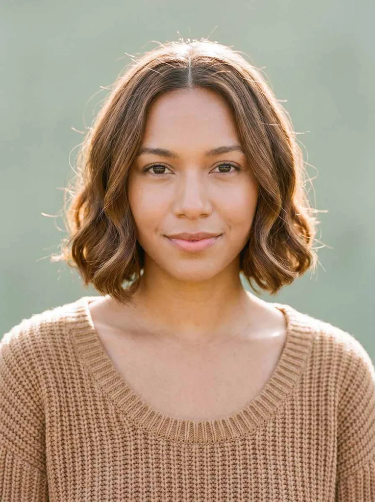 Woman with a classic chin-length wavy bob, center part, soft natural waves at jaw length