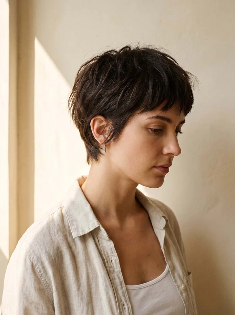 Woman with classic shaggy bixie haircut showing choppy textured layers — bixie haircut ideas