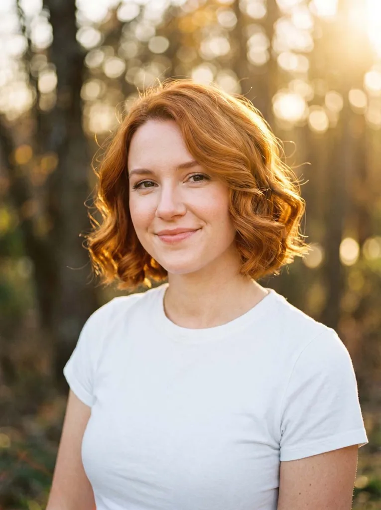 Woman with a copper chin-length wavy bob, rich red-orange hair glowing in warm light
