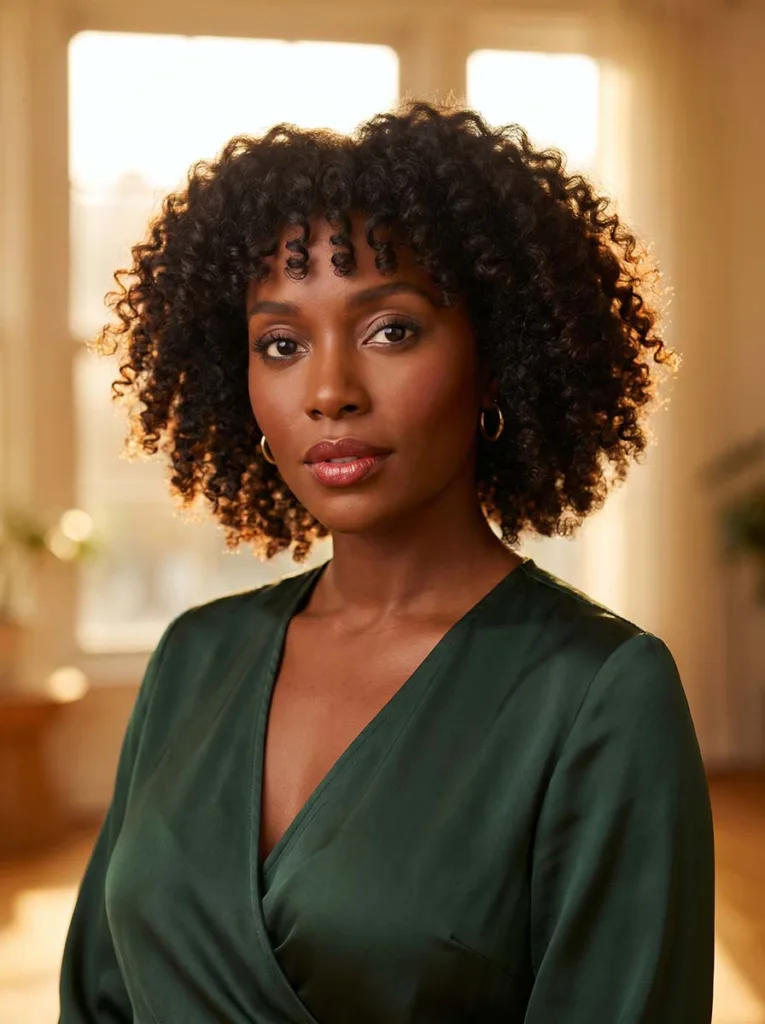 Stunning model with natural curly baby bangs and voluminous curly bob, radiant deep brown skin glowing in warm window backlight