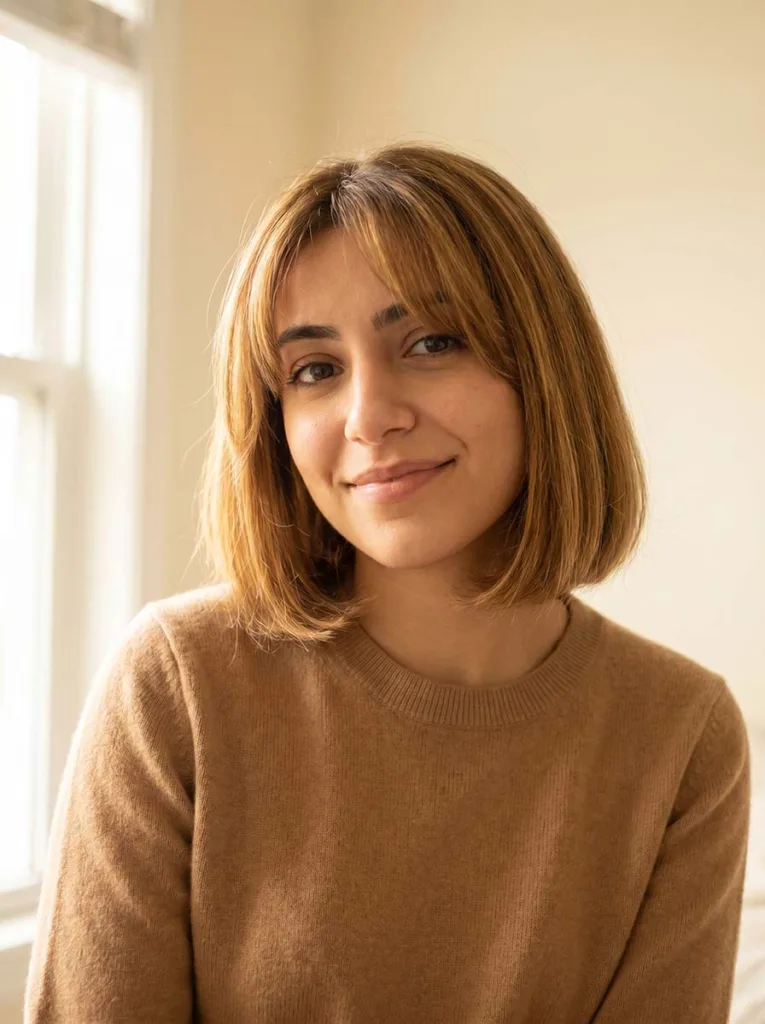 curtain bangs glass bob on Middle Eastern woman, honey brown hair, camel cashmere top, warm cream background