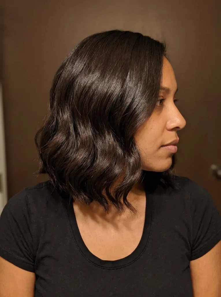 Woman with a dark brown wavy bob, rich espresso-toned waves with natural shine at shoulder length