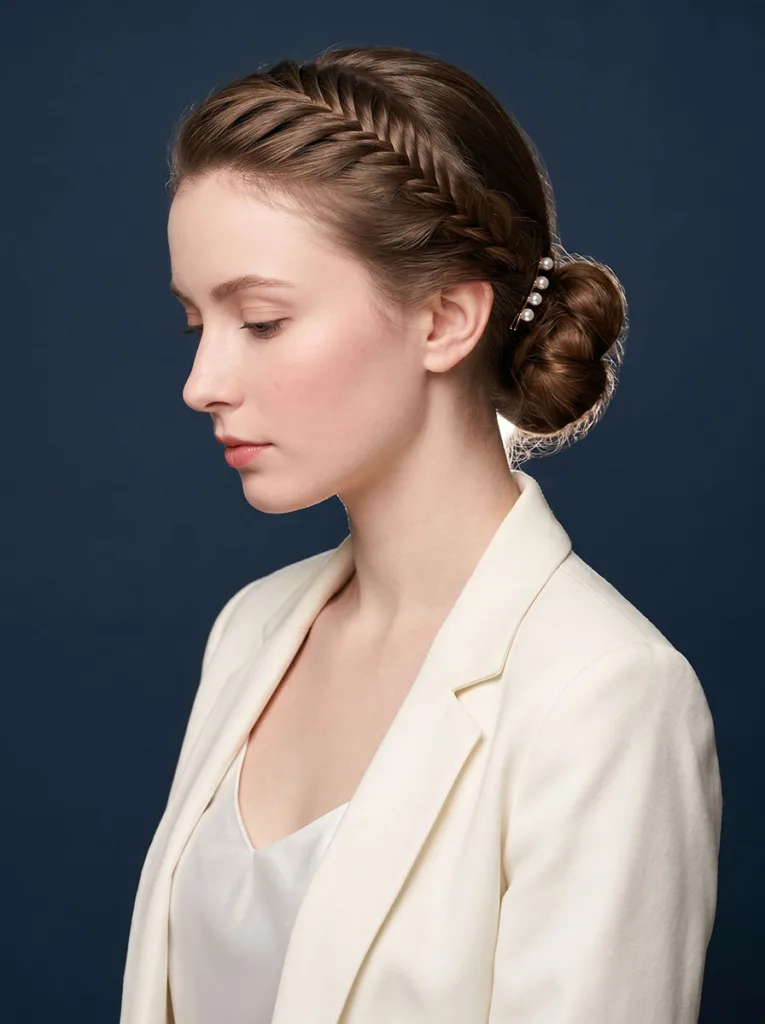 22-year-old woman with a french fishtail low bun wearing pearl pins, photographed at a 3/4 front angle against a muted navy background