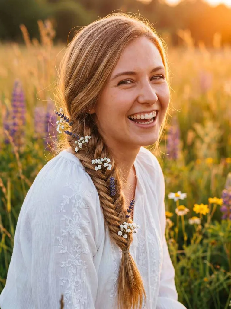 22-year-old in a wildflower field with a french fishtail braid woven with baby's breath and lavender