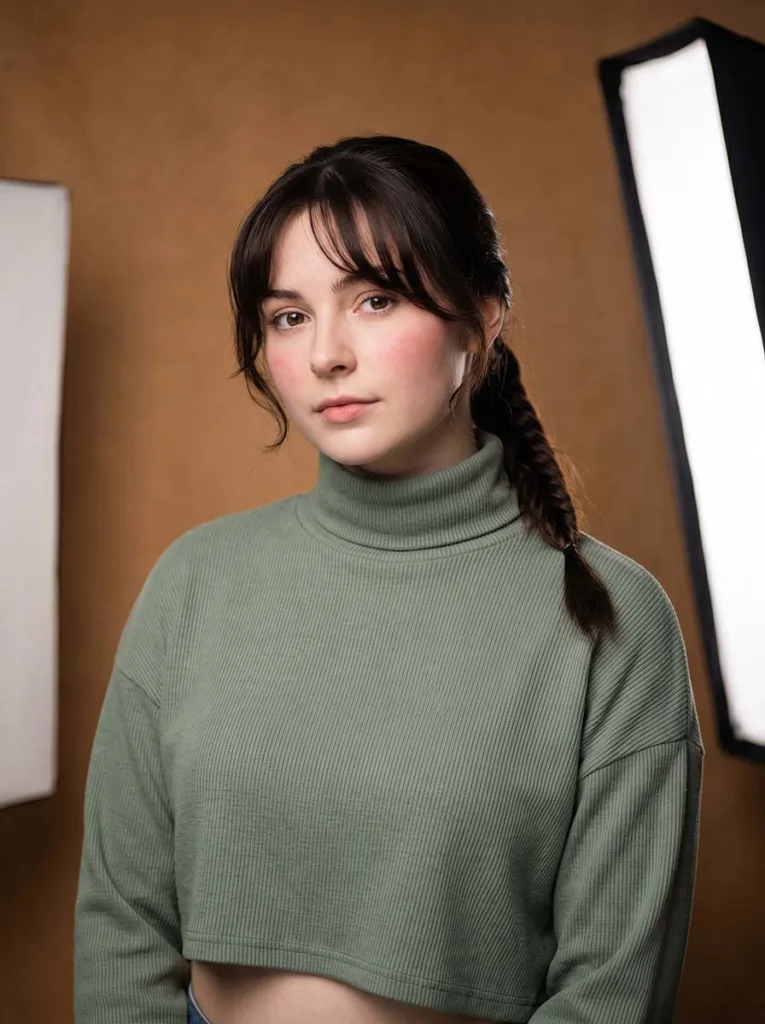 22-year-old with curtain bangs and a french fishtail braid wearing a sage green top, photographed at a 3/4 front angle