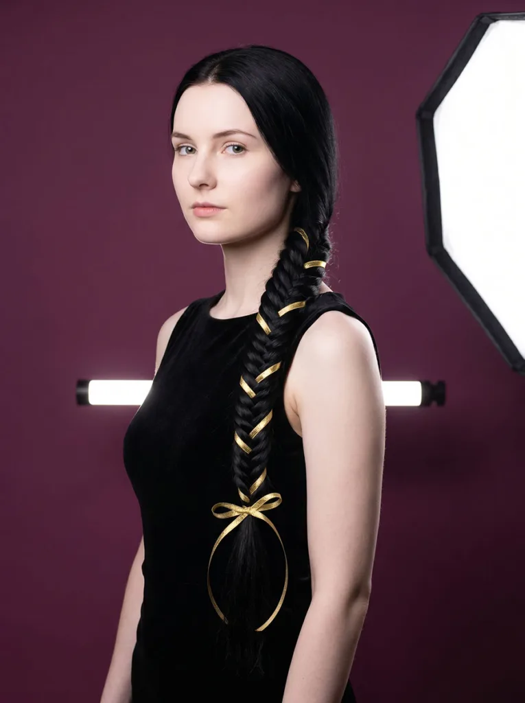 3/4 front view of a young woman with a french fishtail braid with woven gold ribbon draped over her shoulder, against a deep plum background