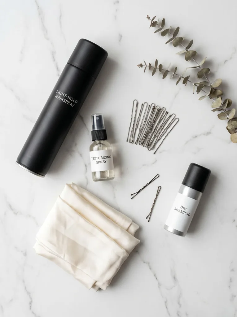 Elegant Twist Hairstyles: 10 Ideas for Every Occasion 11 Flat lay of hairspray, U-pins, texturizing spray and dry shampoo arranged for twist hairstyle maintenance