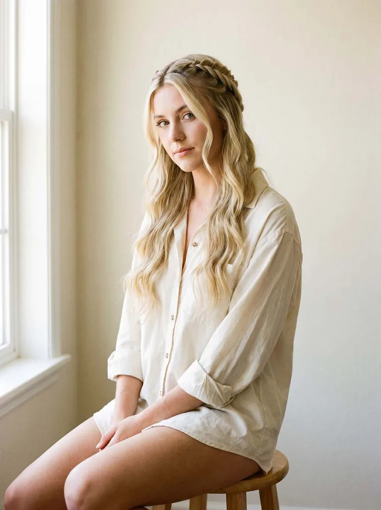 22-year-old with a half-up french fishtail braid and loose blonde waves, photographed at a 3/4 front angle in a soft cream setting