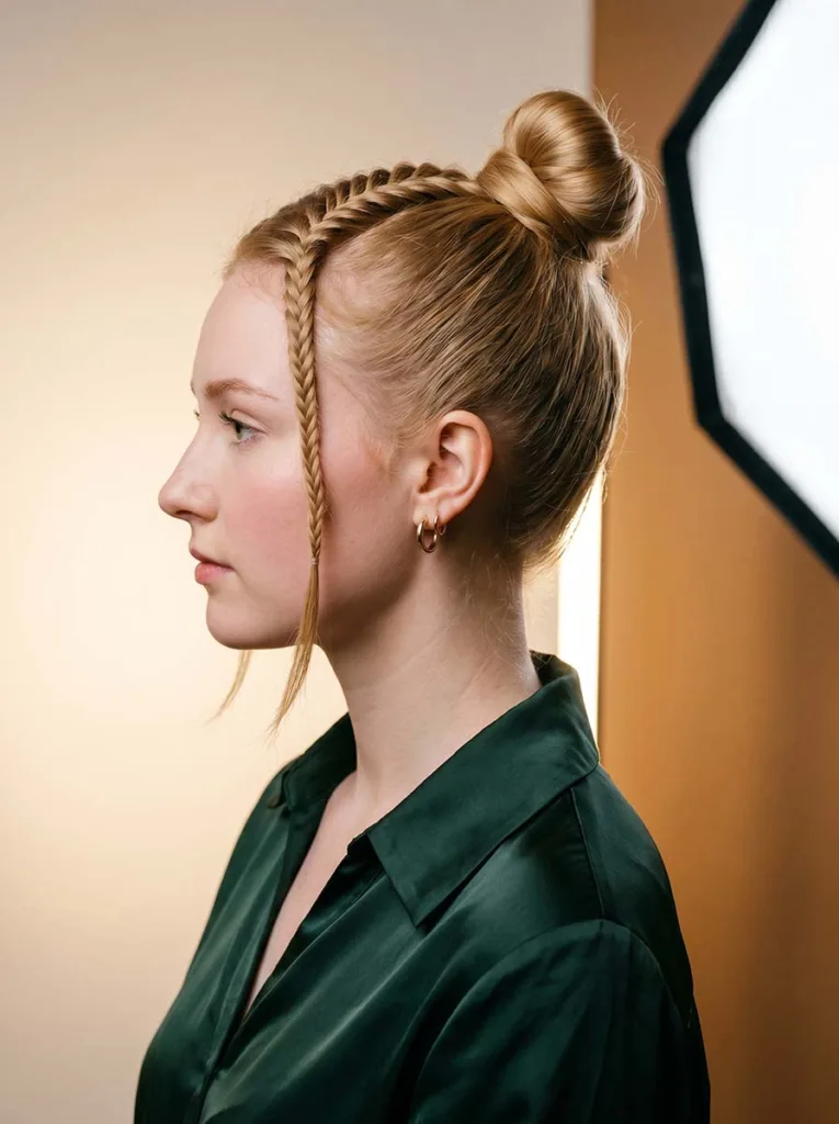 Close-up side profile of a 22-year-old with a high bun and visible french fishtail base at the crown, wearing gold earrings