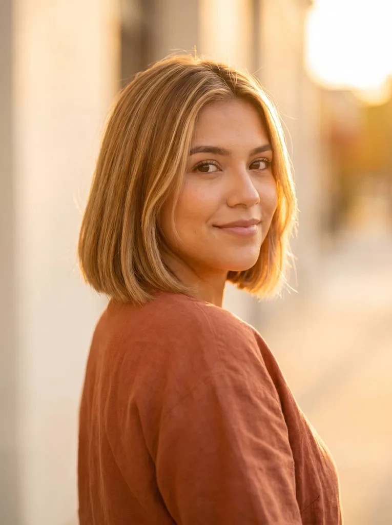 honey blonde glass bob with face-framing highlights on Latina woman, terracotta top, warm golden background, over-the-shoulder pose