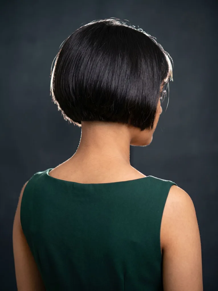 nape-grazing micro glass bob back view on South Asian woman, jet black hair, forest green dress, charcoal background