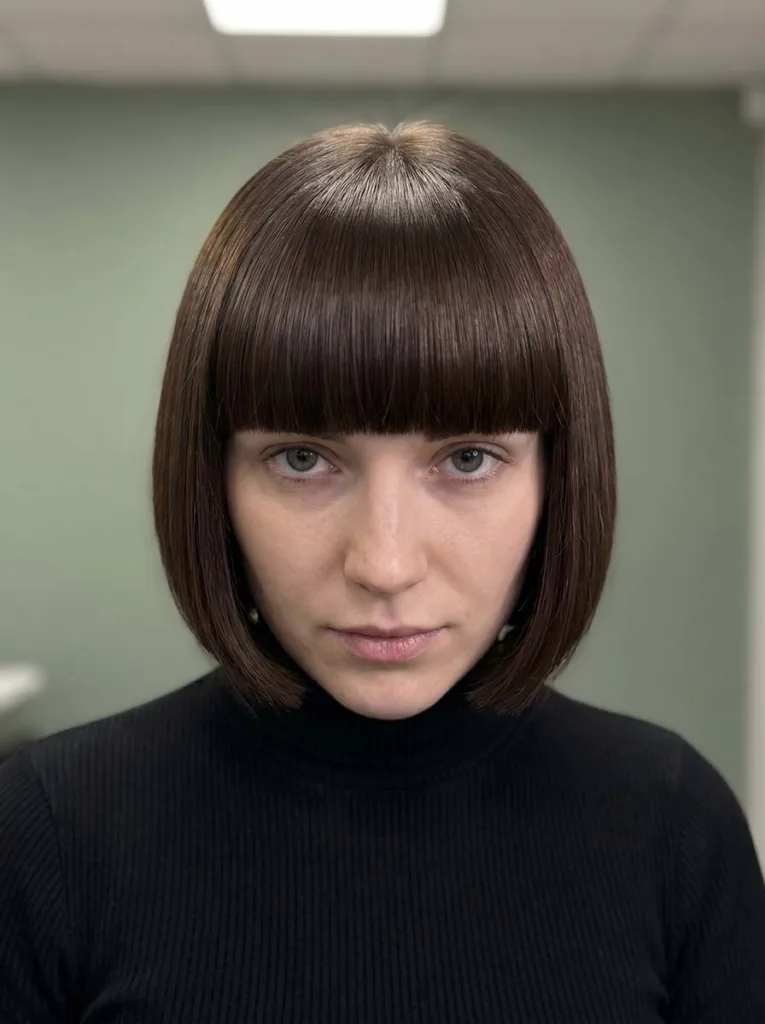 sleek glass bob with heavy blunt fringe, dark chocolate brown hair, black turtleneck, sage green background