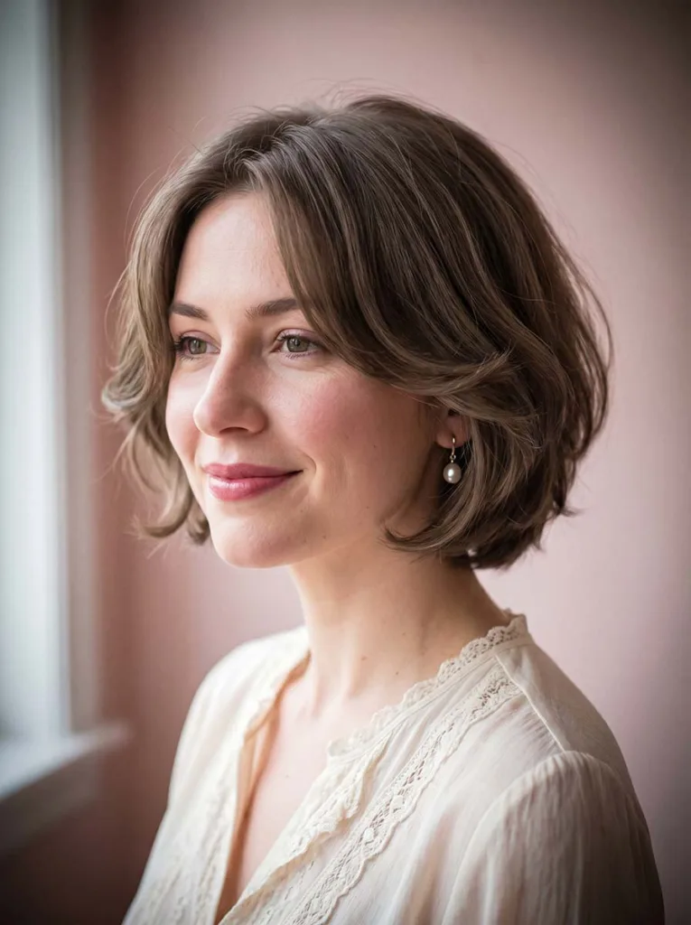 Woman with soft romantic bixie haircut with loose layers and rounded silhouette — romantic bixie hairstyle