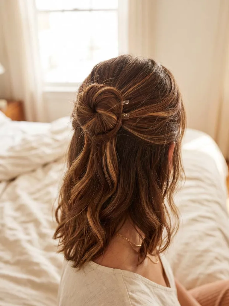 Elegant Twist Hairstyles: 10 Ideas for Every Occasion 5 Woman with medium length hair in a twisted half-up hairstyle with soft waves elegant twist for medium hair