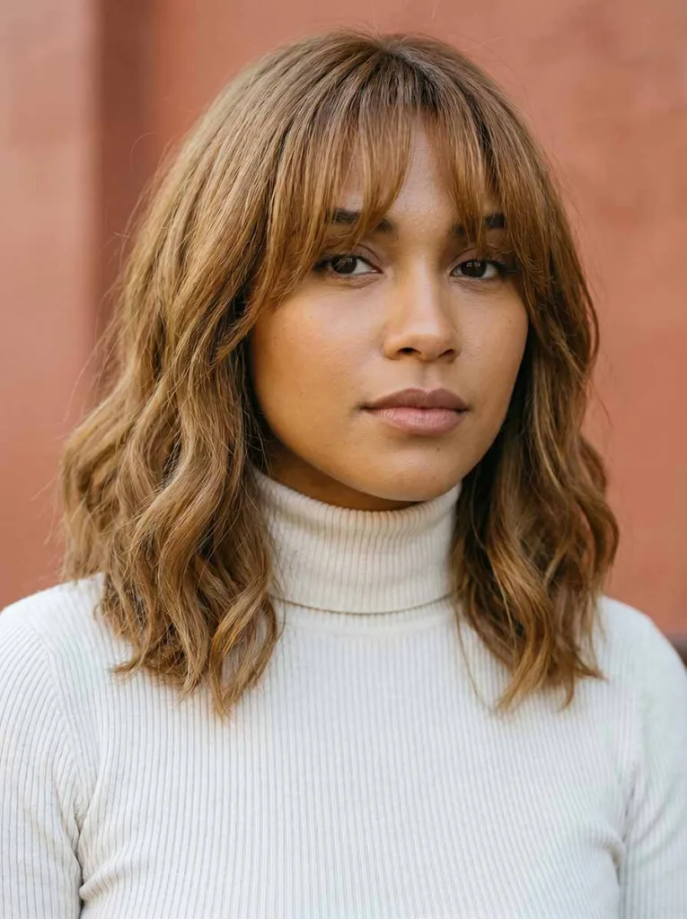 Woman with a wavy lob and soft curtain bangs, shoulder-length waves with face-framing fringe