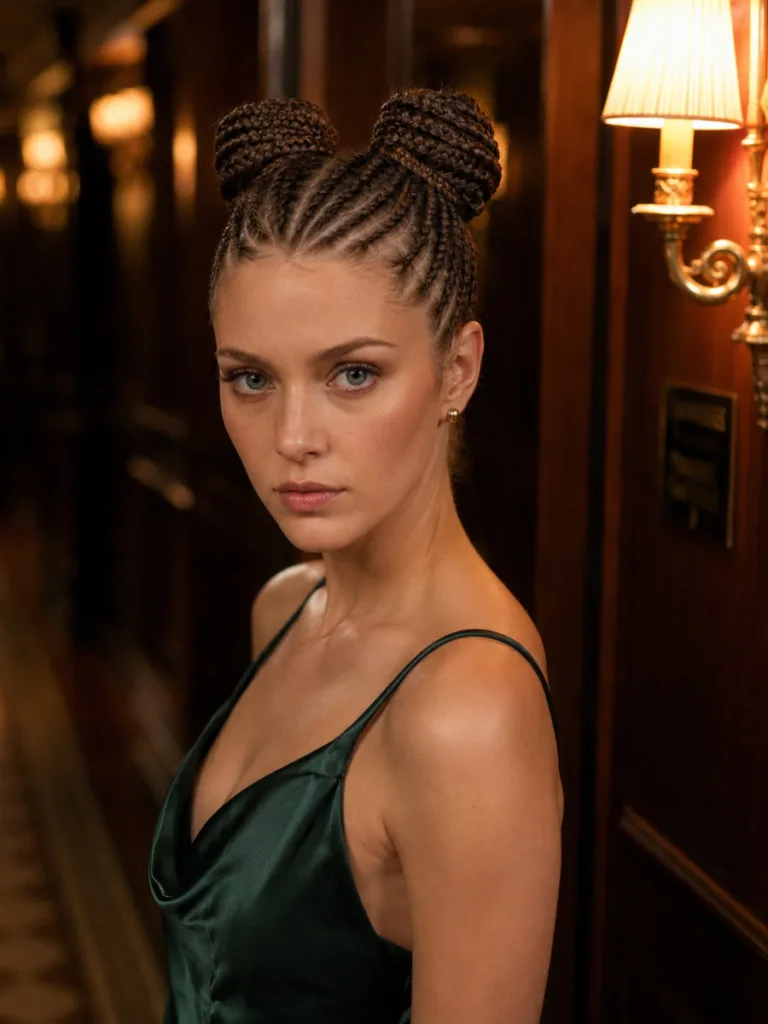 12-braid crowned braided space buns on fair skin woman at formal event