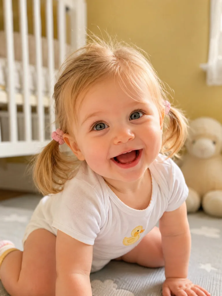 Low pigtails hairstyle for baby and toddler with fine golden hair — nursery morning