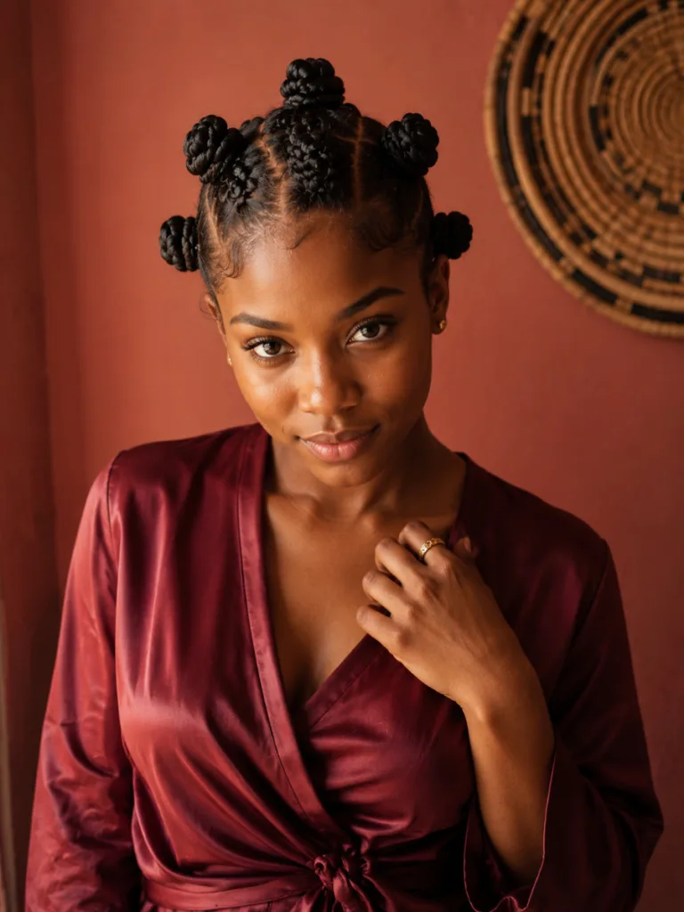 bantu knot inspired braided space buns on natural hair deep brown skin