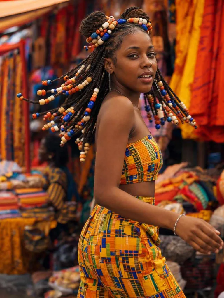beaded braided space buns with colorful wooden beads cultural festival