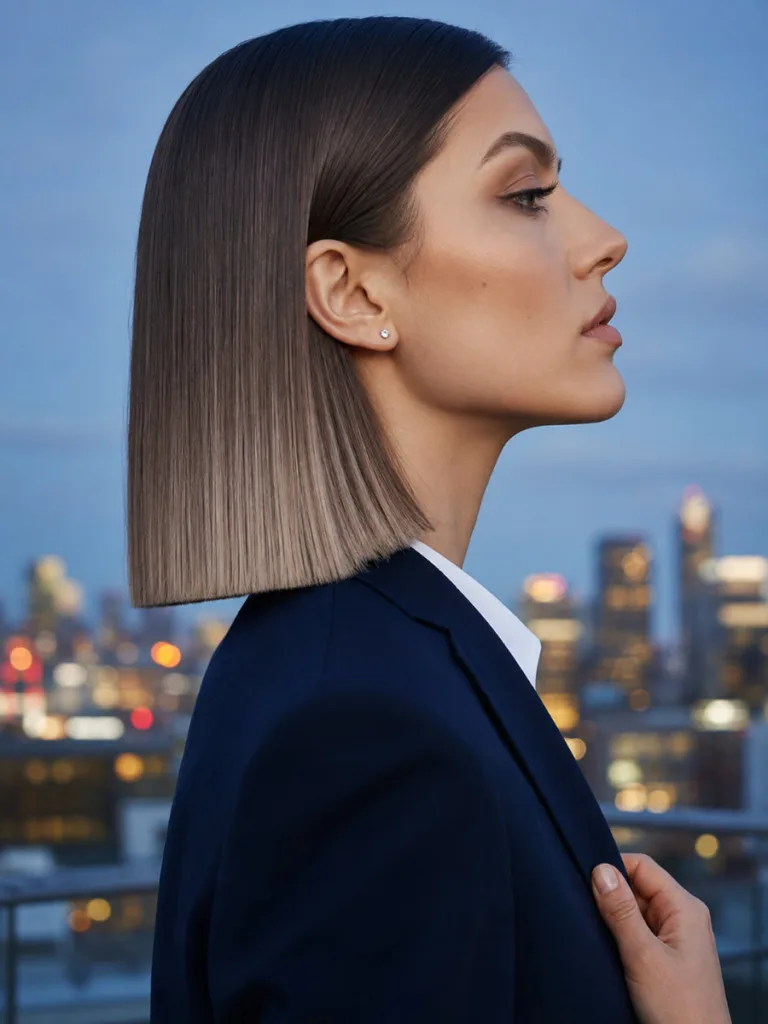 blunt mushroom brown ombre lob straight hair rooftop city background