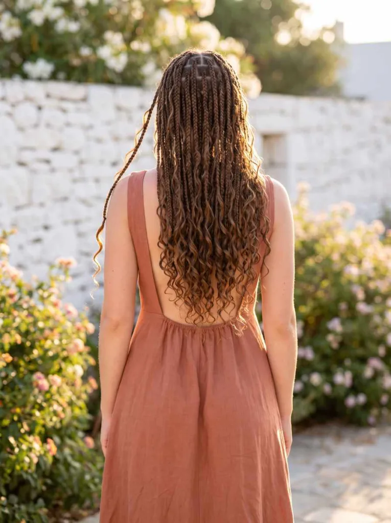 Back view of long boho knotless braids with water wave curls and sun-kissed texture