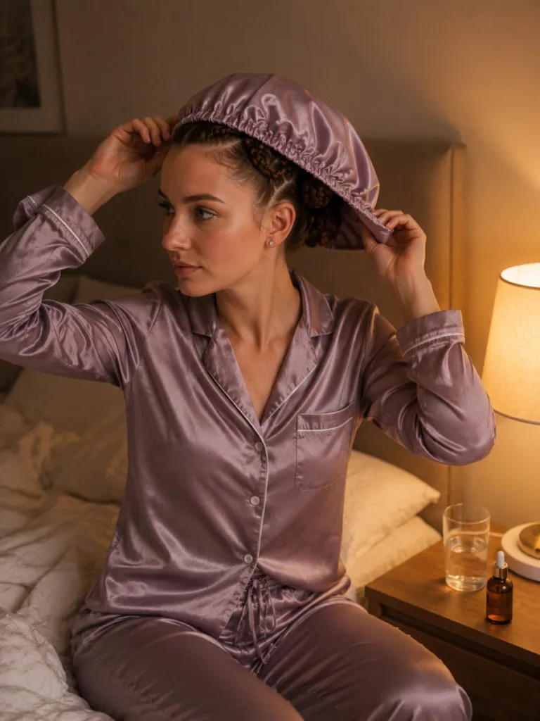 fair skin woman putting satin bonnet over braided space buns for overnight protection