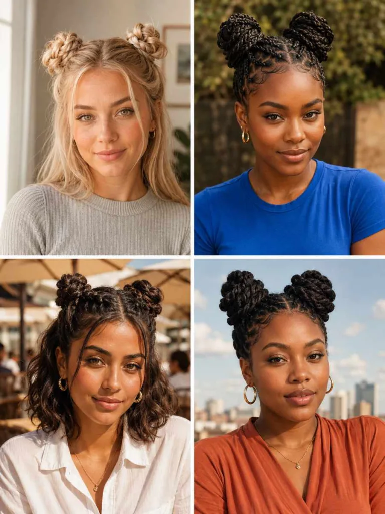 braided space buns for fine natural curly and short hair four panel comparison