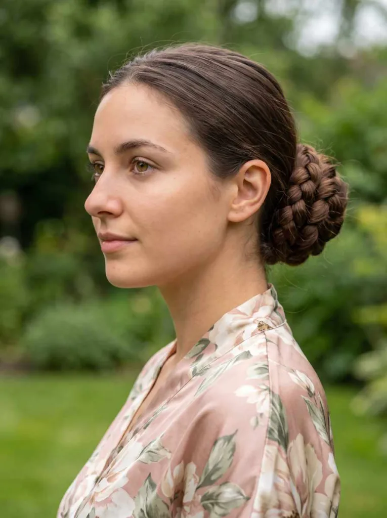 Beautiful 24-year-old woman with fair warm skin and dark brown hair in a braided low bun, 3/4 side portrait, floral silk top, garden background