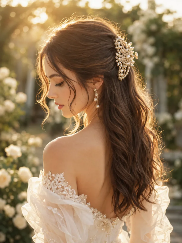 Woman with soft fair skin in an ivory off-shoulder gown with light brunette wavy hair in a romantic wedding half up claw clip hairstyle secured with a pearl and crystal clip, garden floral background