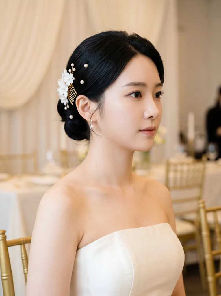 Stunning 23-year-old woman with fair skin and jet black hair in a bridal sleek low bun with pearl pins and floral hair comb, 3/4 front portrait, ivory gown, cream venue background