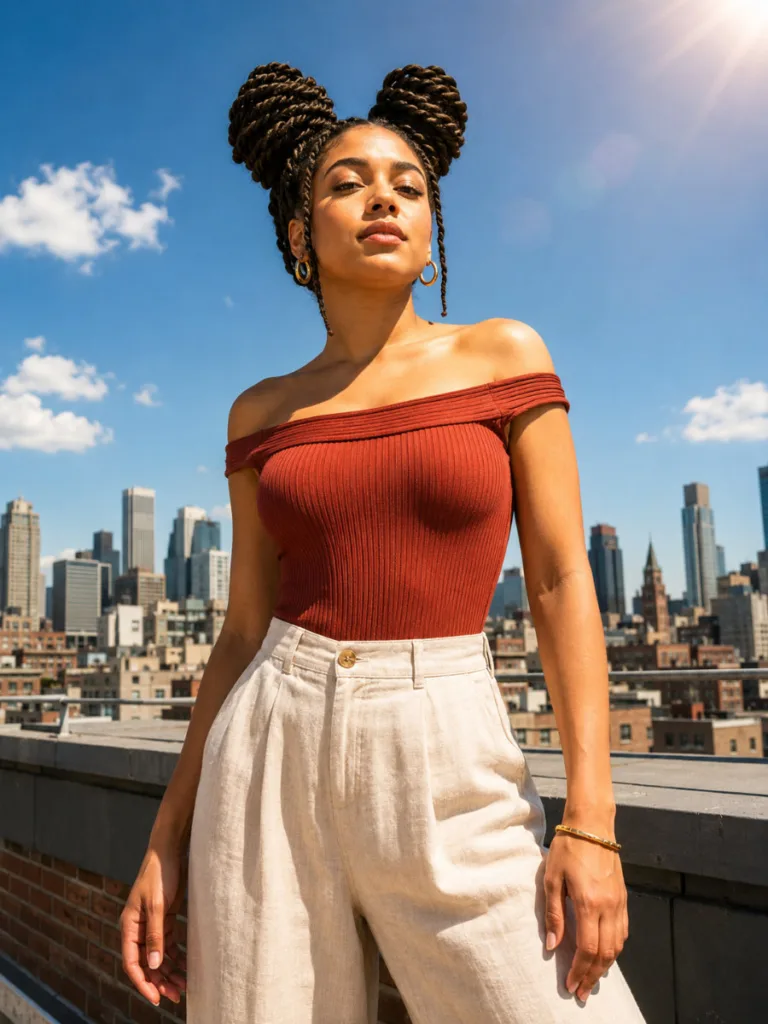 chunky rope twist space buns on medium skin woman rooftop