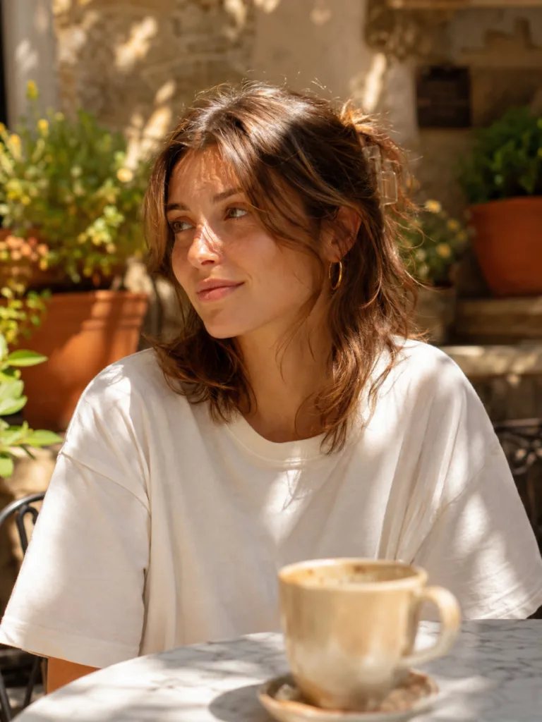 Woman with warm fair skin and light brown wavy hair in a casual messy half up claw clip hairstyle at an outdoor café terrace in afternoon sunlight