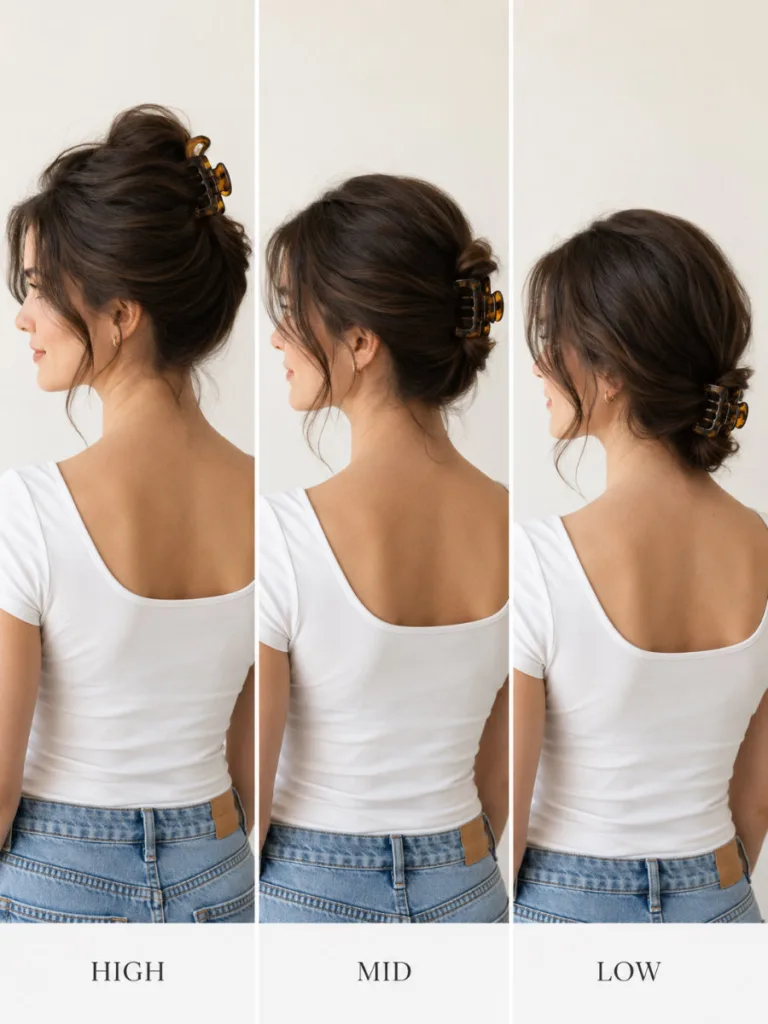 Three-panel side-by-side comparison of the same woman with a half up claw clip placed at high crown, mid-crown, and low nape positions showing how placement changes the hairstyle