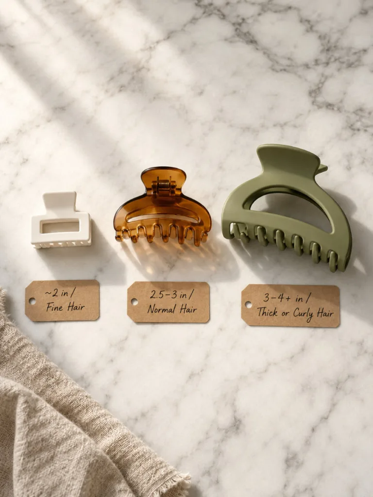 Three claw clip sizes arranged on a white marble surface: small flat rectangular clip, medium classic amber claw clip, and jumbo sage green open-jaw claw clip with handwritten size labels