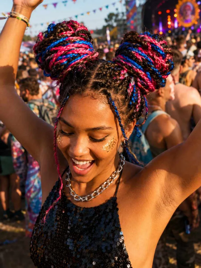 color pop braided space buns with hot pink extensions at festival