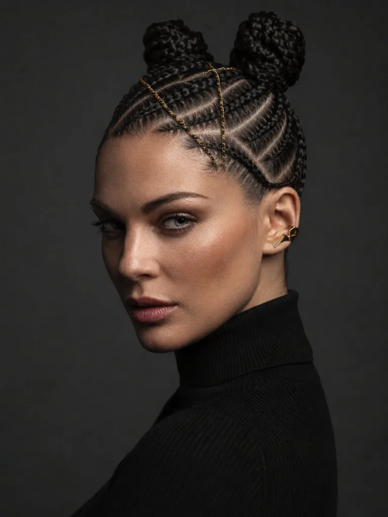 criss cross cornrow space buns editorial fashion look fair skin